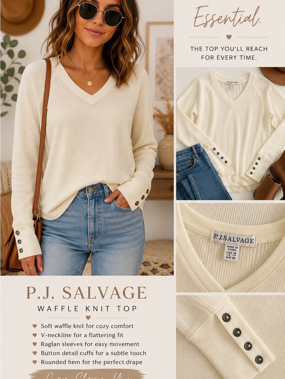 P.J. Salvage Cream V-Neck Waffle Knit Top with Button Cuffs